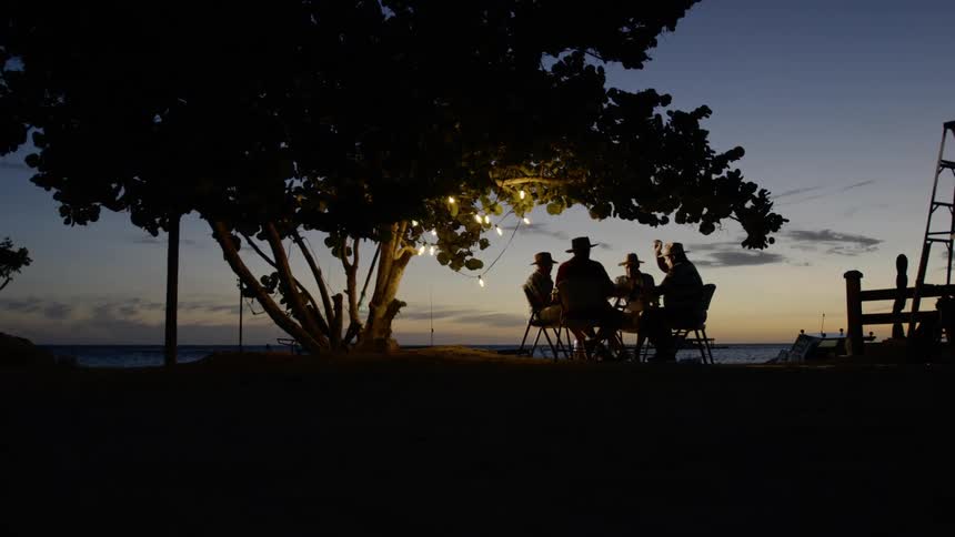 Four men wearing cowboys hats sit at a table under a tree lit by a string of lights near the bank of the river at dusk while playing cards