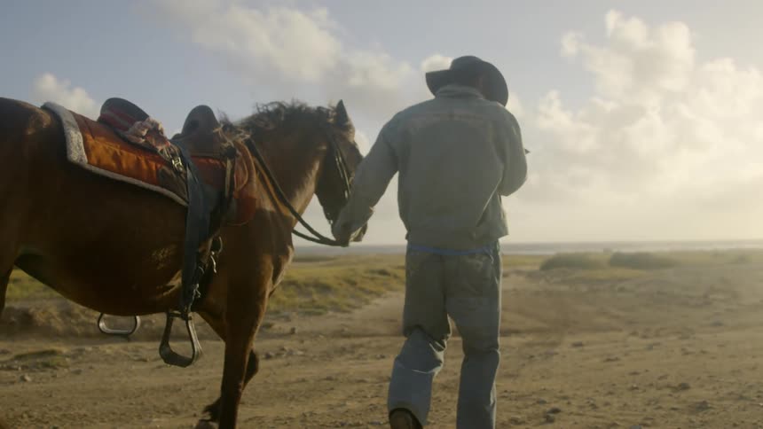 A man is walking his horse in the desert