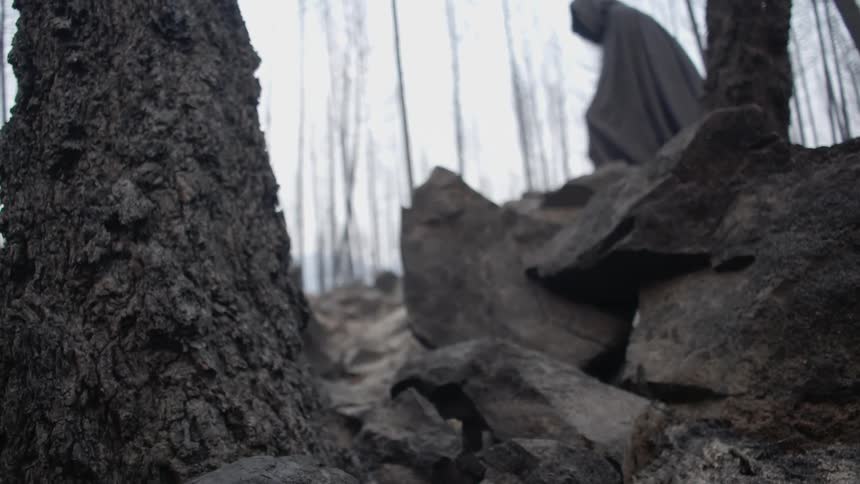 A person wearing dark robes is walking over some rocks in a forest