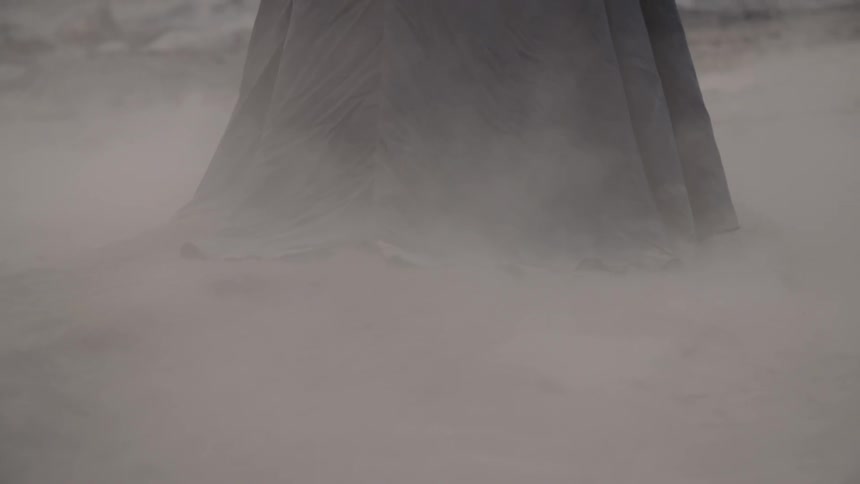 A cloaked figure walking through fog