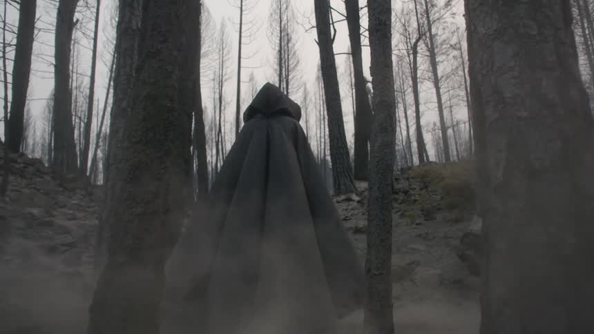 A dark figure wearing a black cloak is traveling through a forest