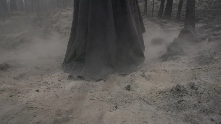 A black-cloaked figure walking along a forest trail