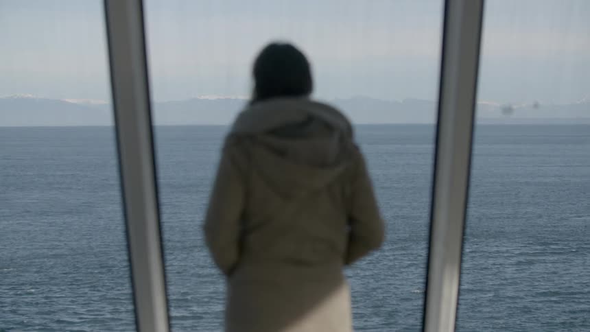 A woman is standing near a large window overlooking the water