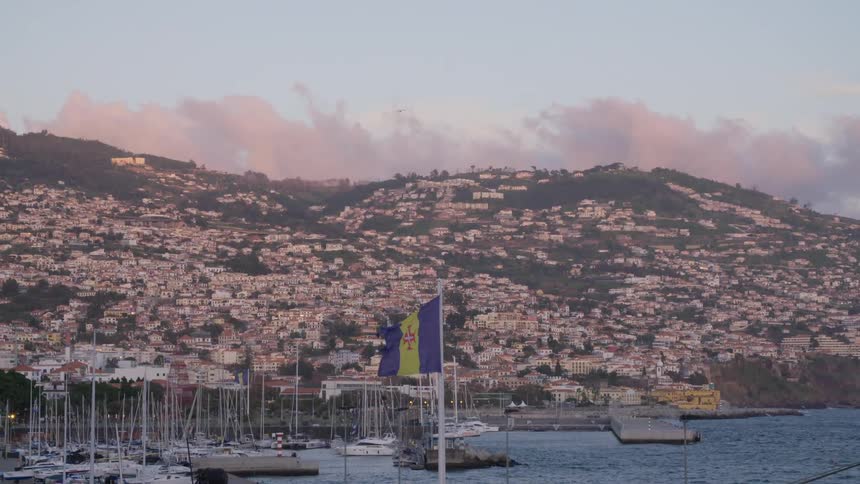 A city stretches up a mountain on a coast