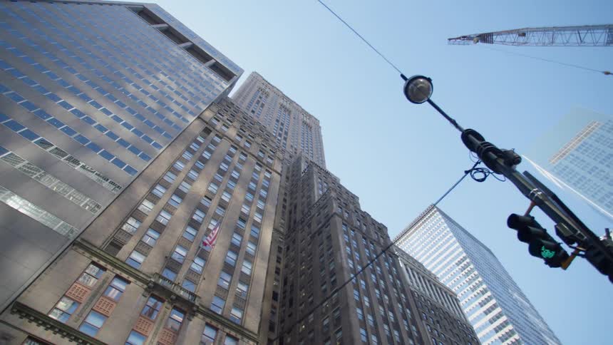 A skyward shot of a central business district