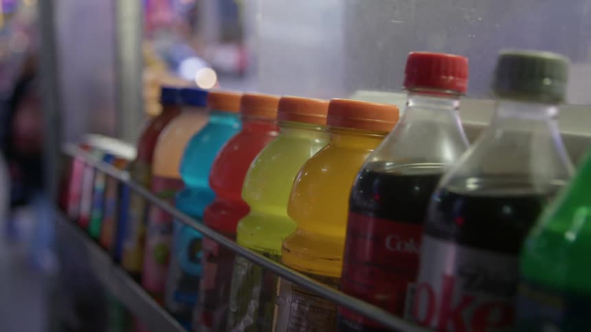 Cans and bottles of soft drinks lined up on a shelf in a window