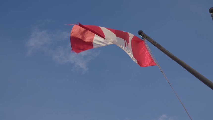 Canadian flag swaying in the breeze under blue skies