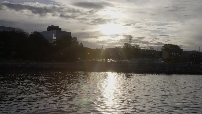 A lake in front of a skyline