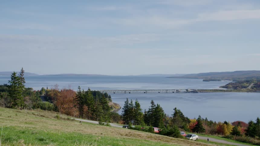 A bridge stretches across a lake in a park area