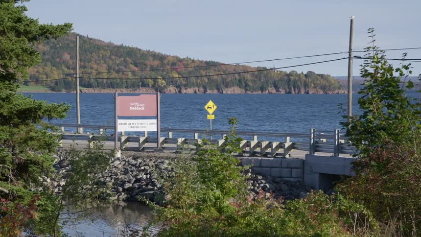 A truck towing a trailer drives across a road near a body of water