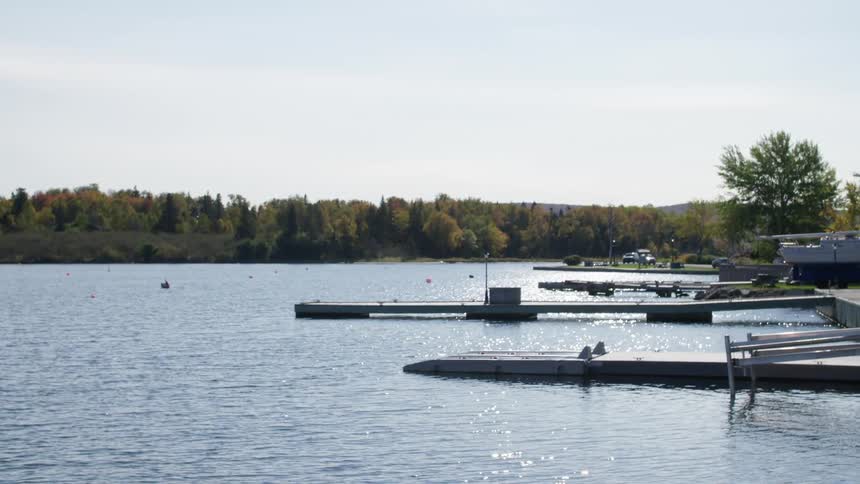 A dock on a lake with trees and the sky in the background