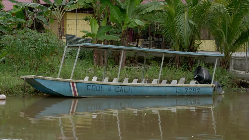 A boat is on the coast of a river