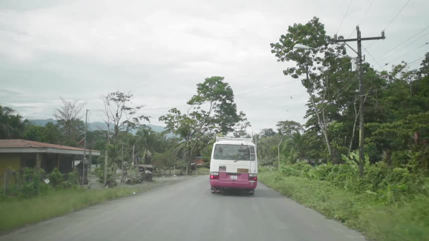 A van travels on a rural road with trees and bushes and small homes