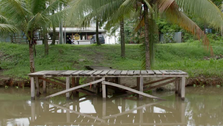 A wooden dock by a river with palm trees and a house in the background