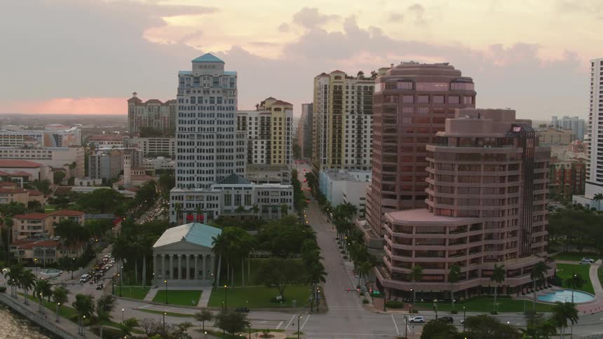 Aerial view of hotels and streets in the city