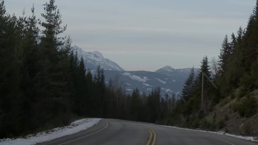 A forest lined road with mountains in the distance on an overcast day