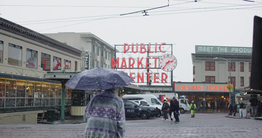 A woman uses an umbrella to protect herself from snow as she waits to cross the street in a business district