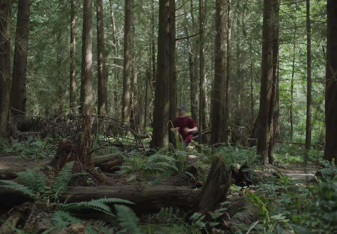 A runner running a trail in a forest