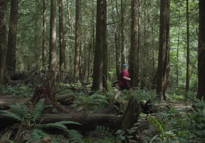 A man jogs past on a dirt trail through the woods on a sunny day