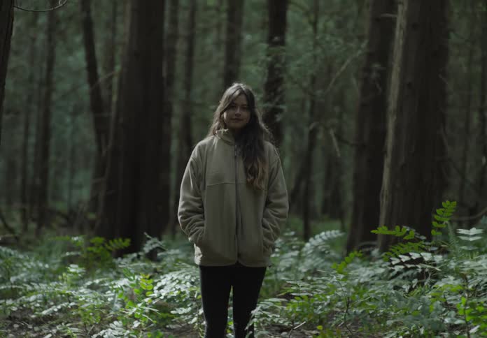 A white teenage girls stands in a dark forest and smile sadly