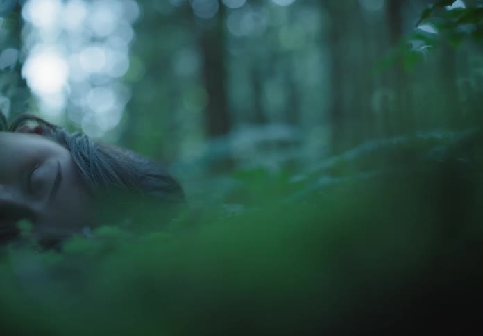 Woman lays on the ground in the forest