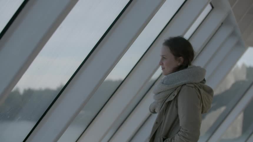 A woman looks out the sloped observatory windows