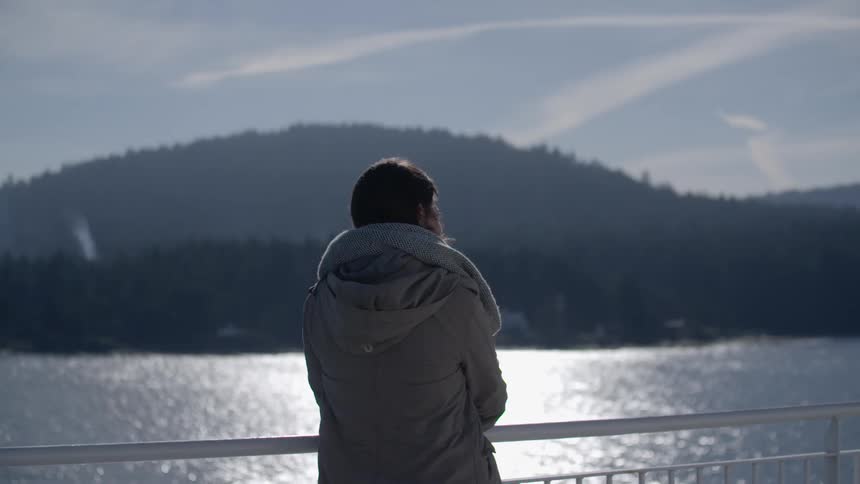 Woman stands at railing looking at the water and shore