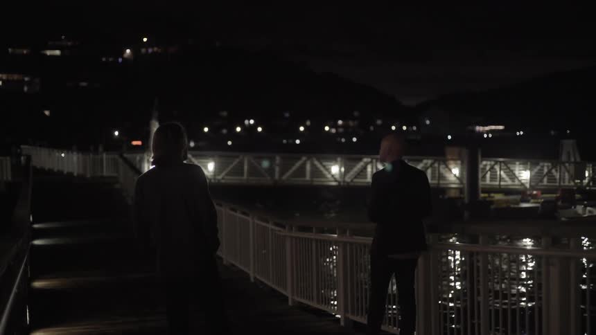 Two men walking along waterfront sidewalk at night with reflective calm vibe.