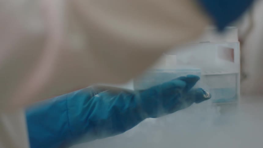 An employee adds frozen test tubes to a styrofoam container as smoke from dry ice rises