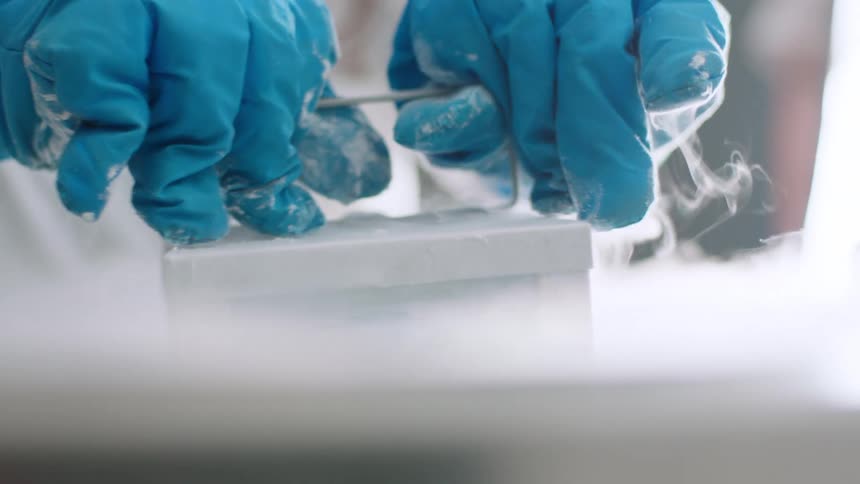 A female lab technician lifts a box out of liquid nitrogen