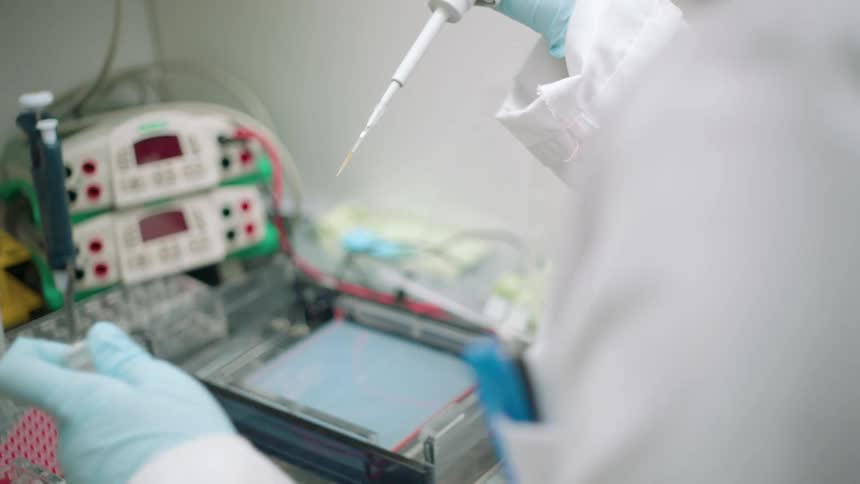 A lab worker uses a pipette to put liquid in a test tube