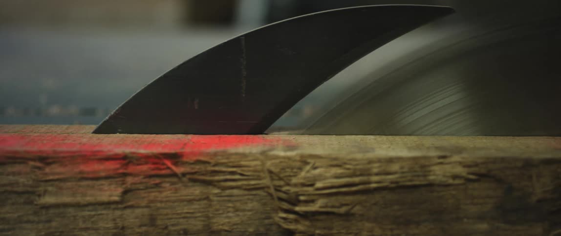 A large circular saw blade slices through a piece of wood