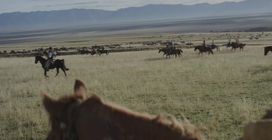 Ranchers and cowboys on horseback riding in grass with hills on the horizon