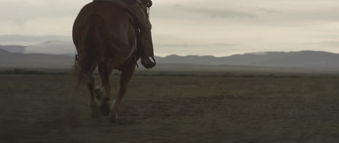 A cowboy riding a galloping horse across a flat grassy plain at sunset