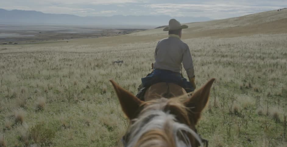 The ears and mane of a horse following another with a man in a cowboy hat riding it