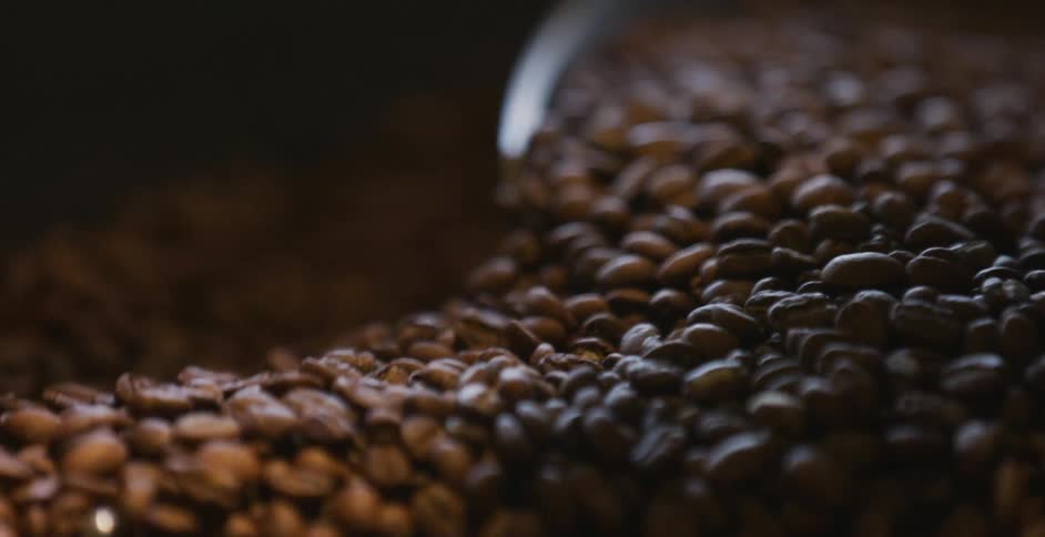 Coffee beans are being roasted in a coffee roaster