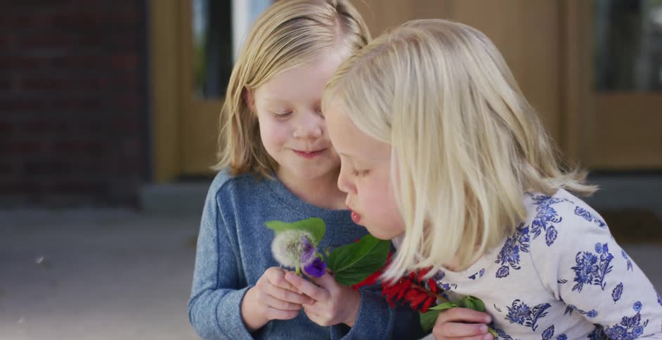 Two girls sit on a porch and one blows on a dandelion