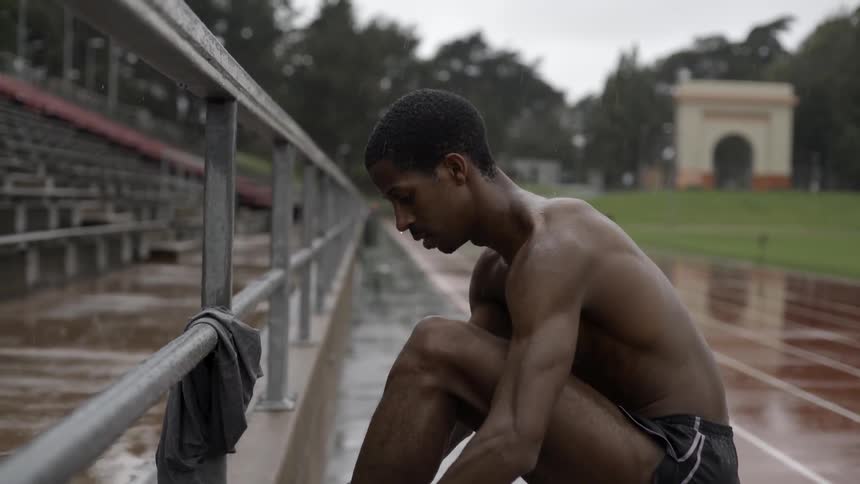 A man in jogging shorts ties his shoes at an athletics track while it rains