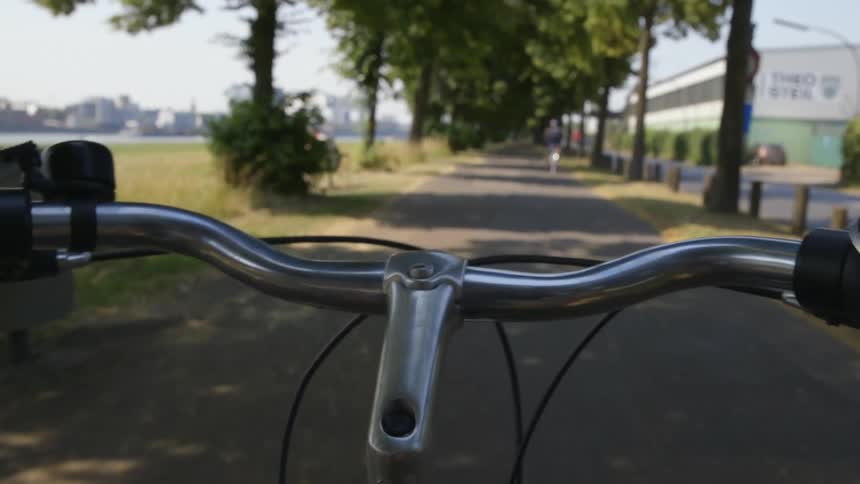 A bicyclist rides their bike down a park path