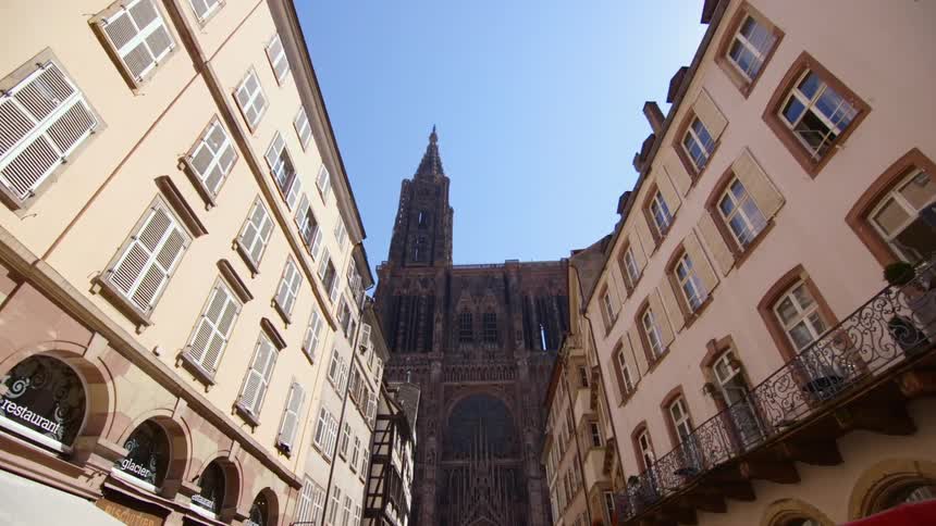 Buildings with a church in the background