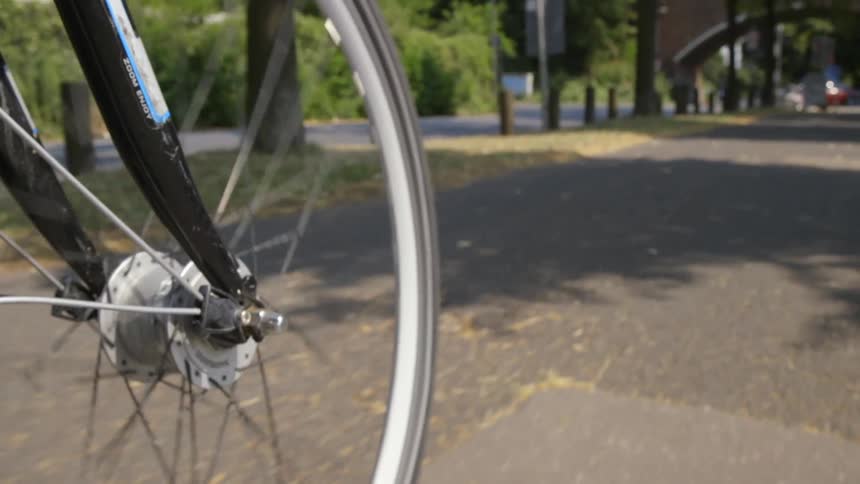 A bicycle rides down a sidewalk