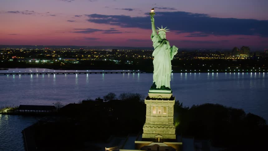 Aerial view of statue of liberty at night