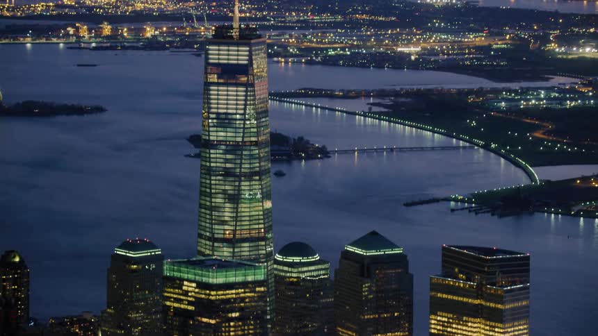 City buildings lit up at night