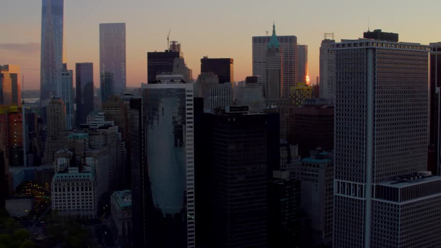 Aerial view of new york city skyline at sunset