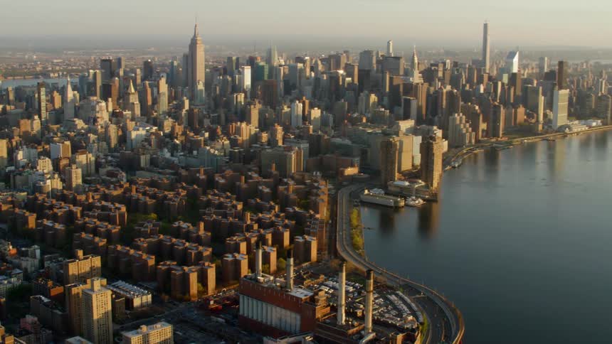 A city skyline off the coast