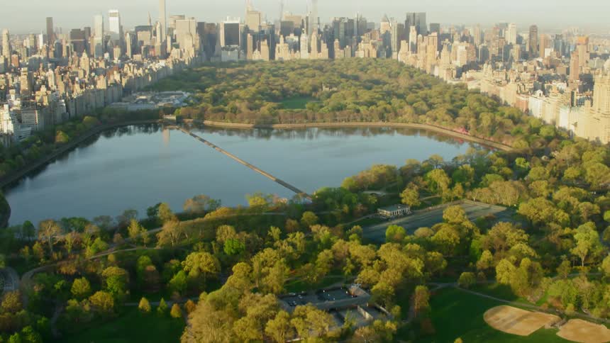 A park with baseball fields and a small lake is surrounded by tall skyscrapers