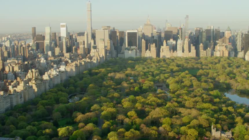 A large park with a lake sits in the middle of a vast city downtown area