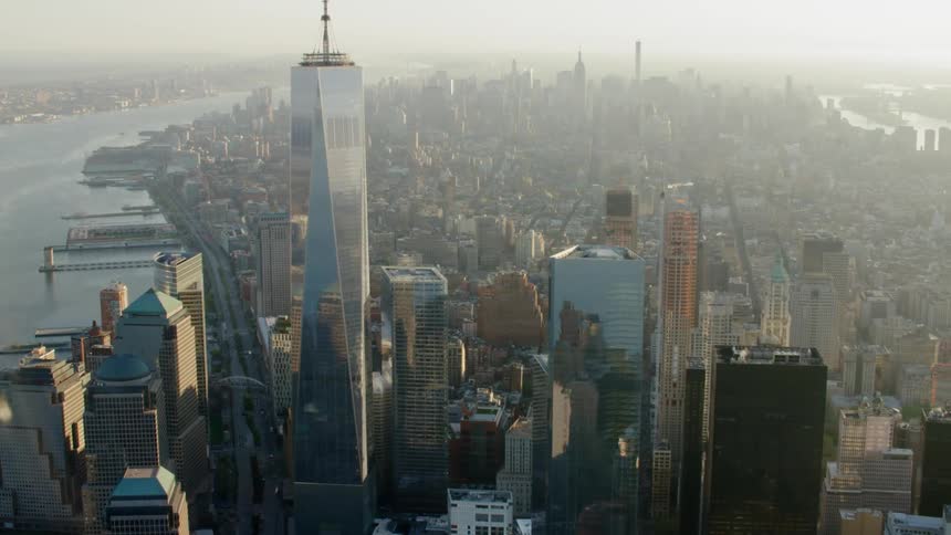 Aerial view of the world trade center in new york city at sunset