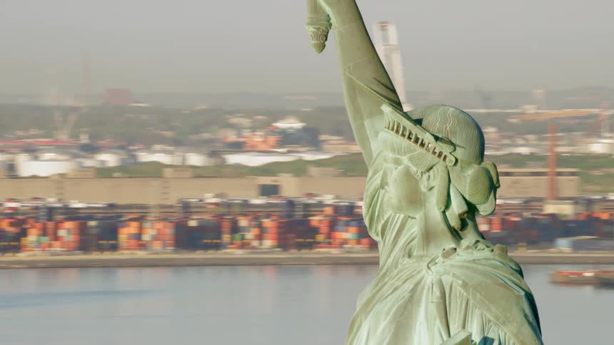 Aerial view of statue of liberty from chest to hand