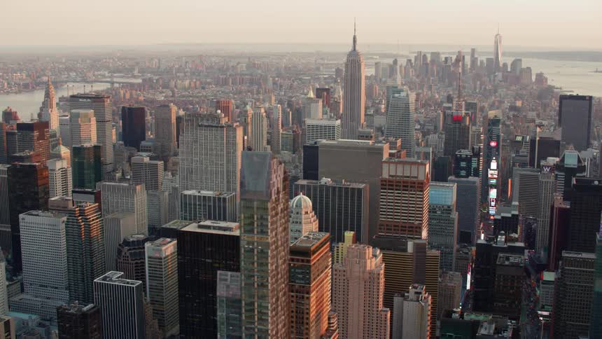 Aerial view of new york city skyline at sunset